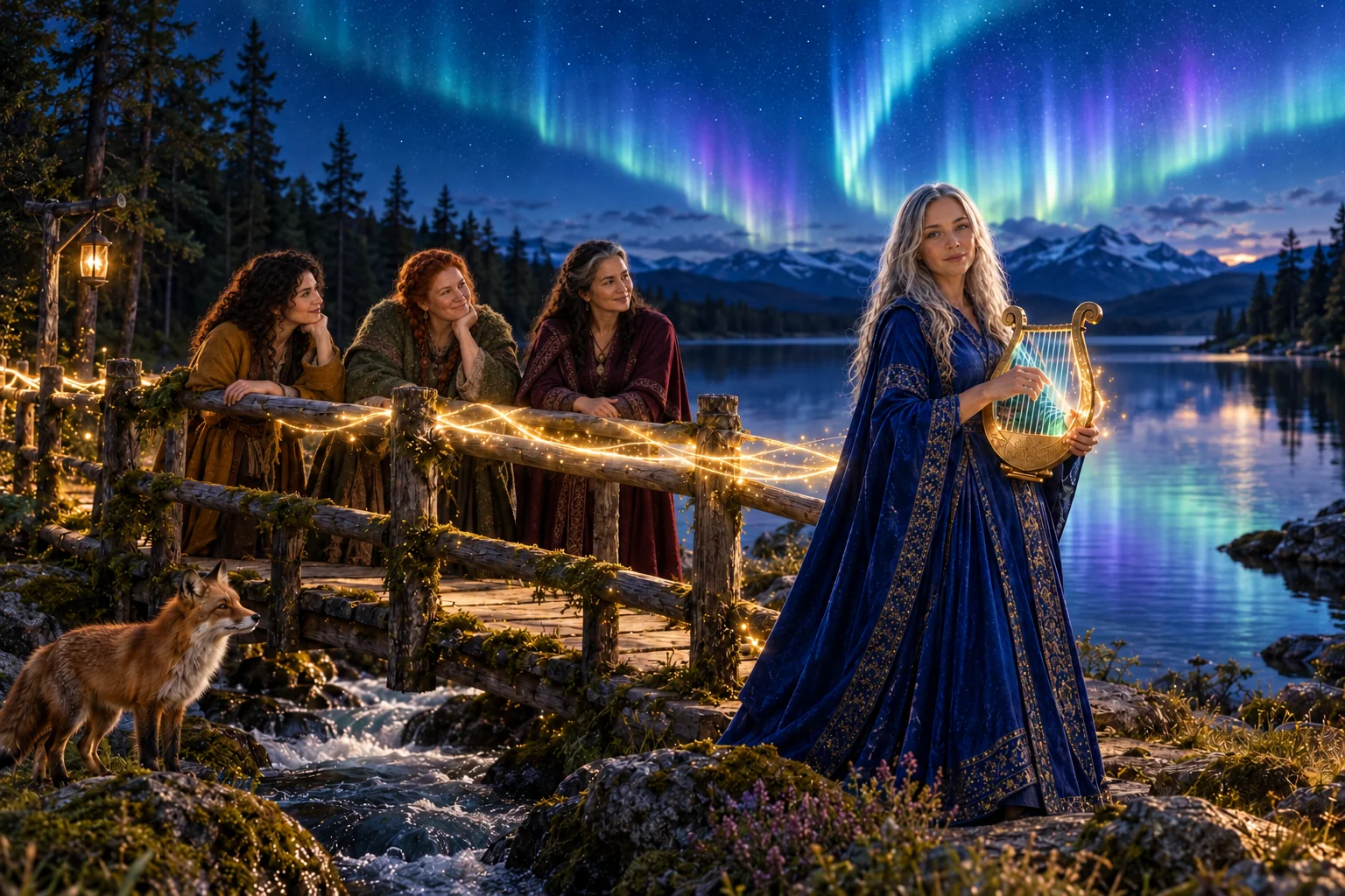 Hexelyra spelar lyra vid vattnet medan Tova, Myrra och Sella samlas vid bron och Vidar sitter intill.