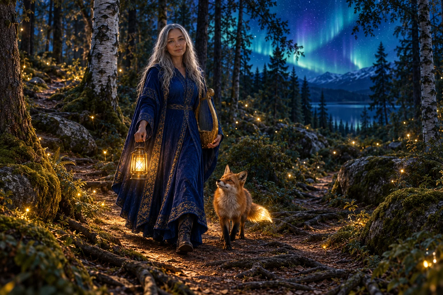 Hexelyra och Vidar i Viskeskogen under norrskenet
