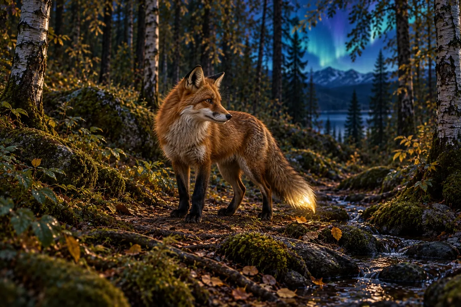 Vidar, en röd räv, lyssnar vid en skogsbäck; den ljusa svanstippen glöder milt.