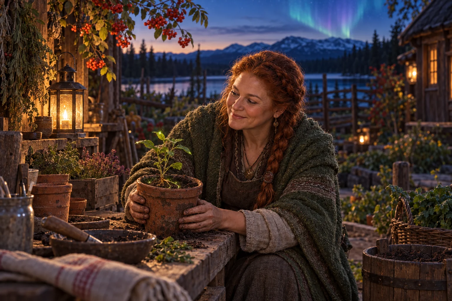 Myrra håller en kruka med en planta; fina rötter skimrar svagt i grönguld.